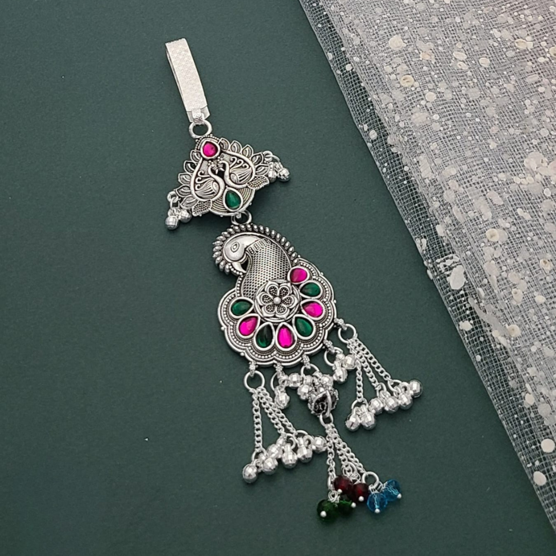 Traditional silver-colored Juda waist accessory with intricate floral and chain design, perfect for bridal and festive outfits
