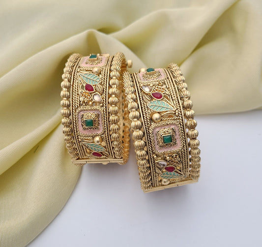 Elegant Gold Bangles with Floral & Enamel Detailing