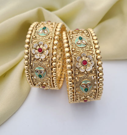 Royal Gold Bangles with Floral & Pearl-Inspired Detailing