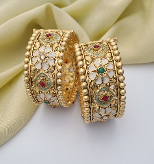 Gold-Plated Floral Bangles with Enamel & Stonework