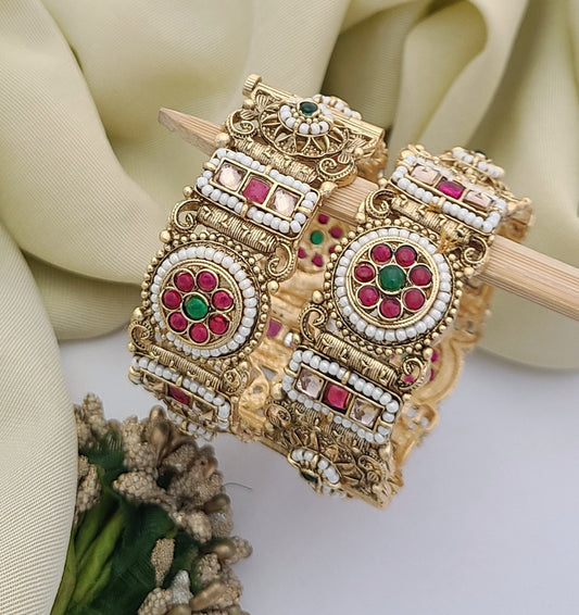 Traditional Gold-Plated Kundan Bangles with Pearl Detailing