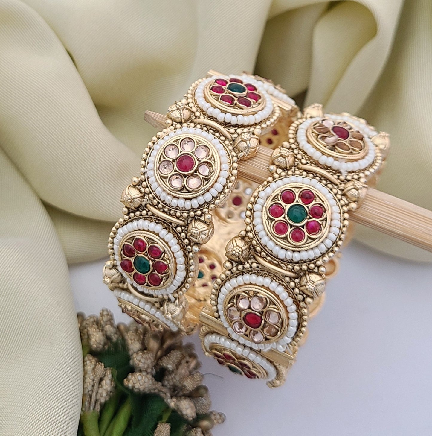 Antique Gold-Plated Bangles with Pearl & Kundan Work