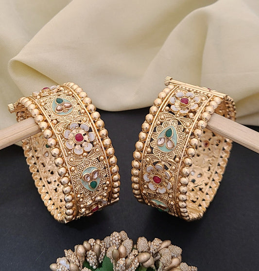 Royal Gold Bangles with Floral & Pearl-Inspired Detailing