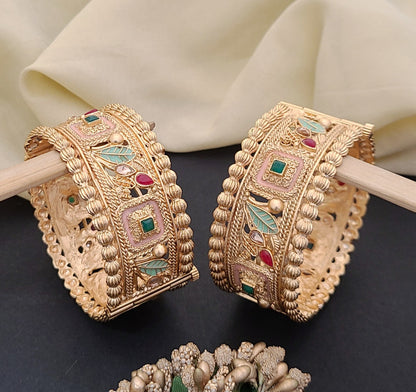 Elegant Gold Bangles with Floral & Enamel Detailing