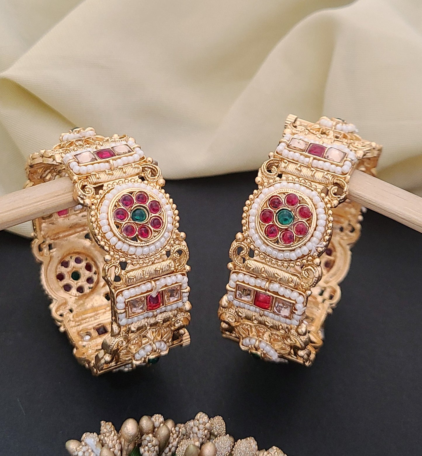 Traditional Gold-Plated Kundan Bangles with Pearl Detailing