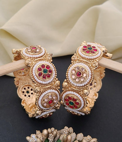 Antique Gold-Plated Bangles with Pearl & Kundan Work