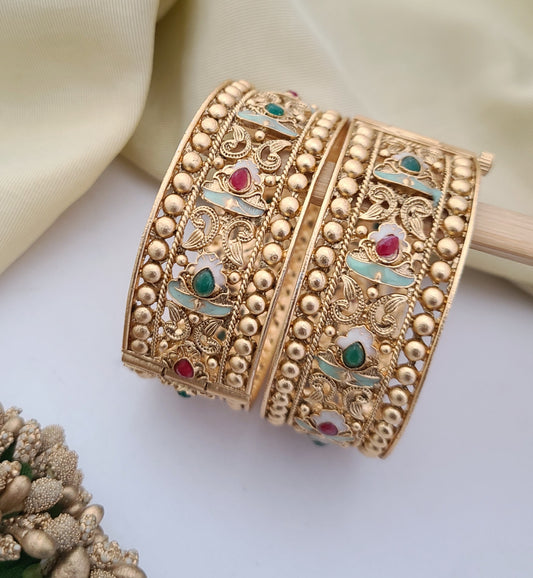 Gold-Plated Floral Filigree Bangles with Enamel Work