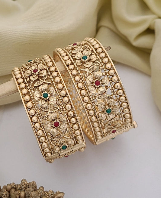 Floral Antique Gold Bangles with Pearl Beading