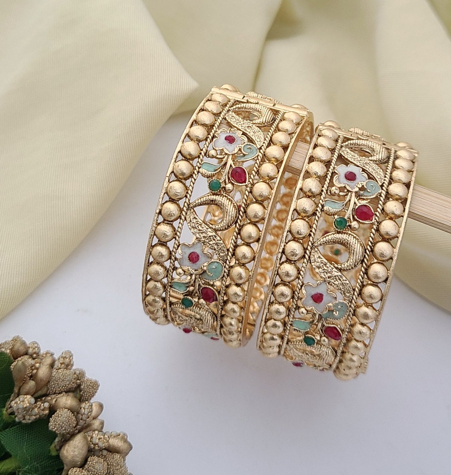 Traditional Gold Bangles with Floral Enamel & Stone Accents