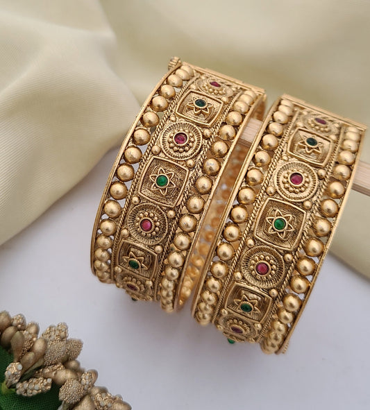 Antique Gold-Plated Temple Bangles with Kundan Accents