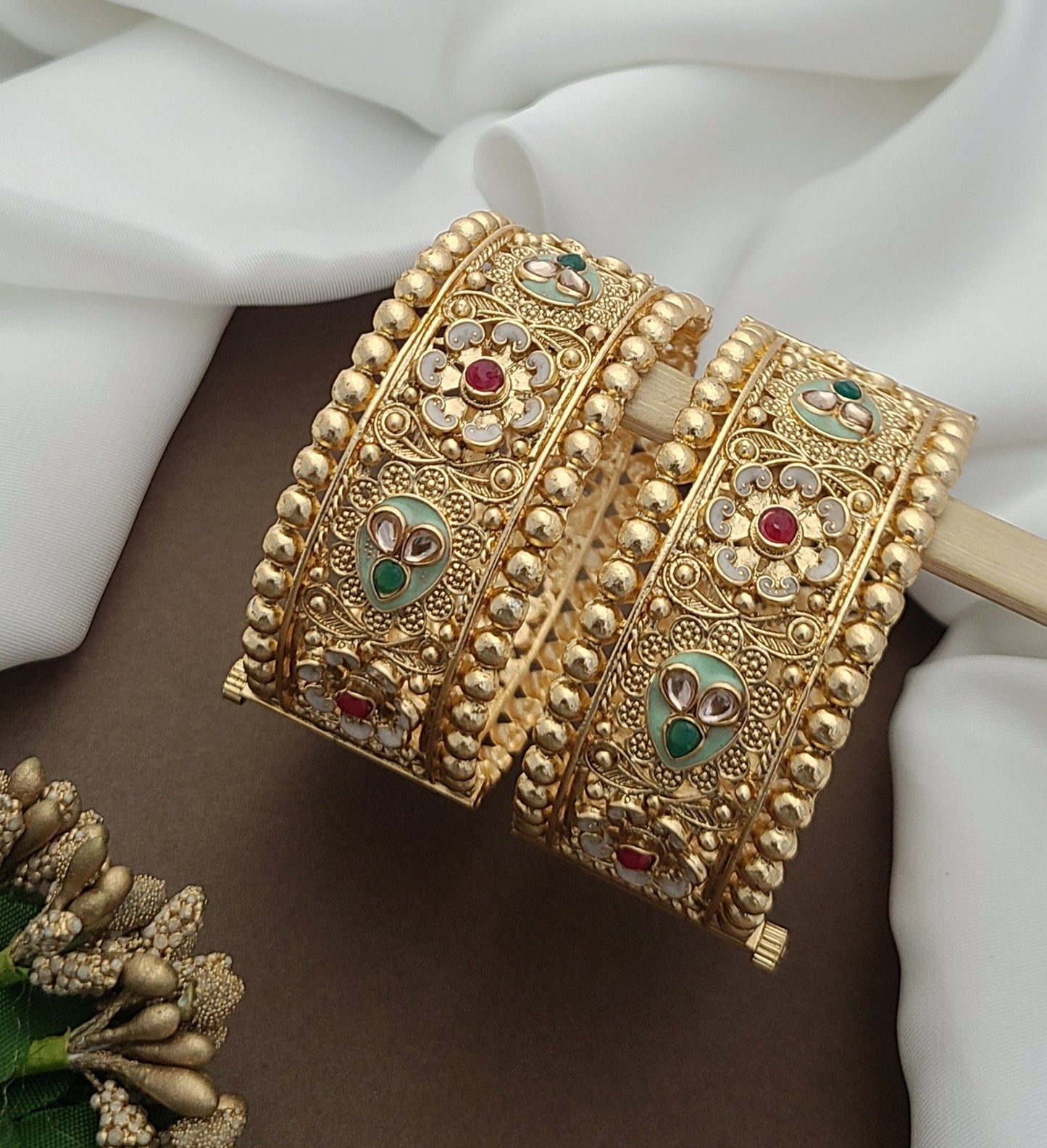 Royal Gold Bangles with Floral & Pearl-Inspired Detailing