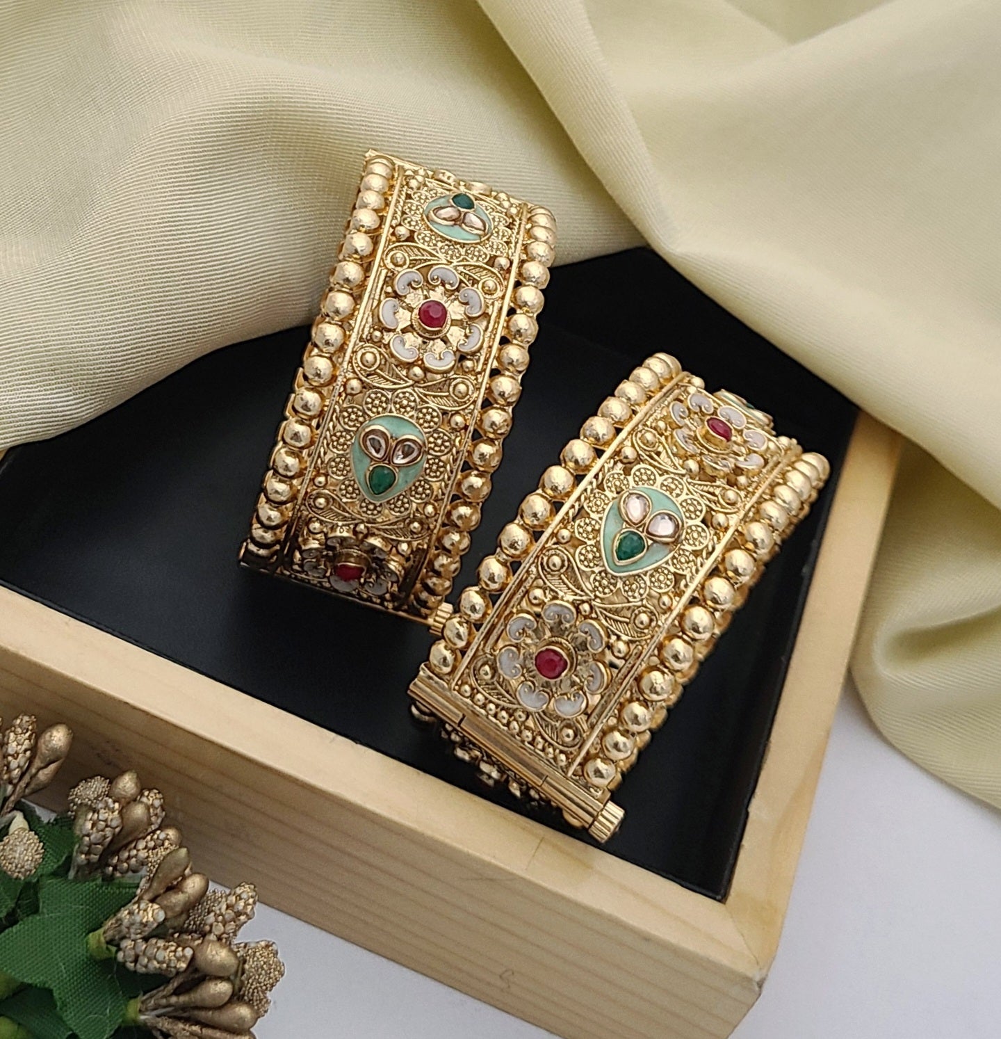 Royal Gold Bangles with Floral & Pearl-Inspired Detailing