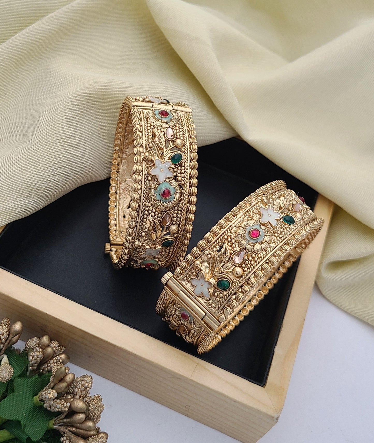 Gold-Plated Floral Bangles with Enamel & Stone Work