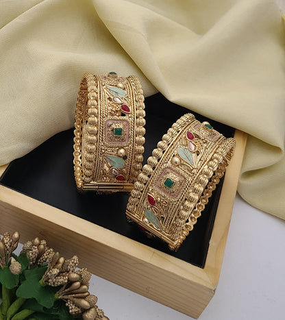 Elegant Gold Bangles with Floral & Enamel Detailing