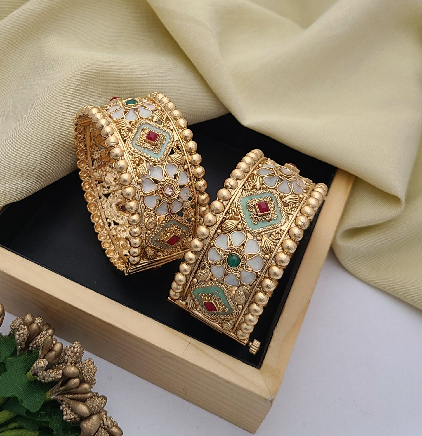 Gold-Plated Floral Bangles with Enamel & Stonework