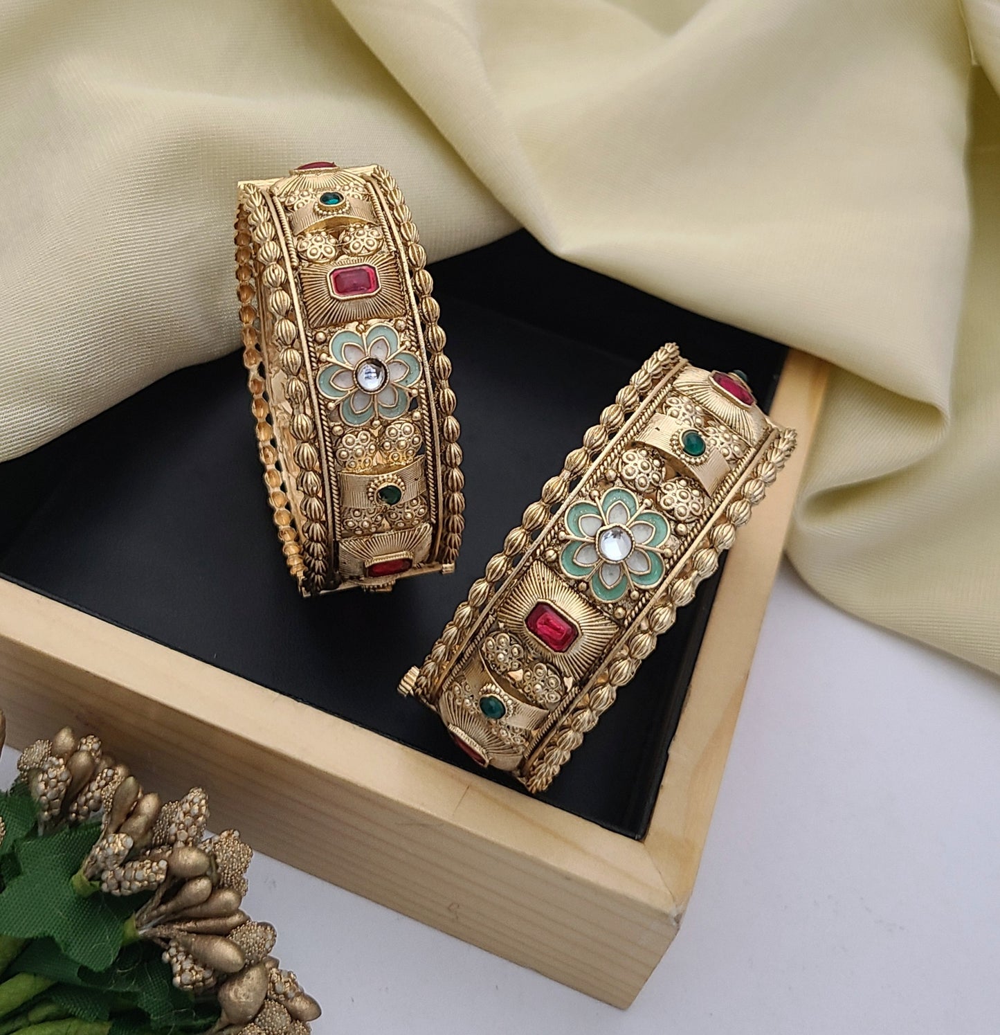 Traditional Gold Bangles with Floral & Stone Embellishments