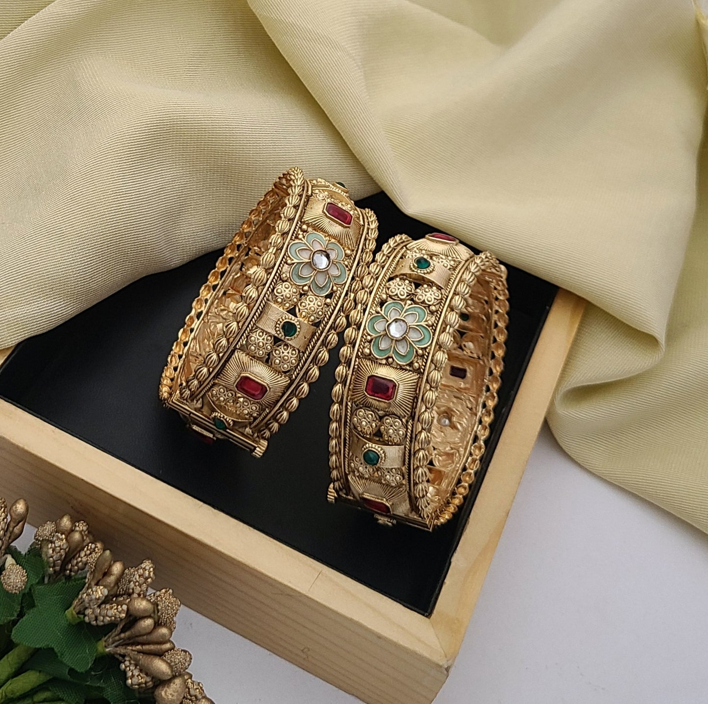 Traditional Gold Bangles with Floral & Stone Embellishments