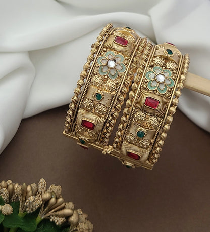 Traditional Gold Bangles with Floral & Stone Embellishments