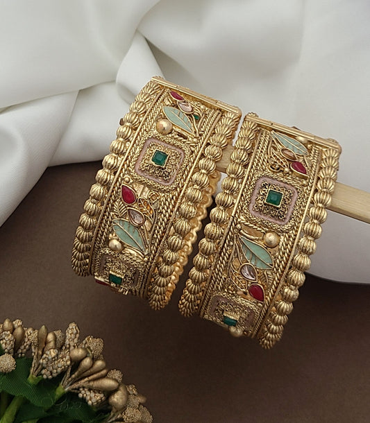 Elegant Gold Bangles with Floral & Enamel Detailing