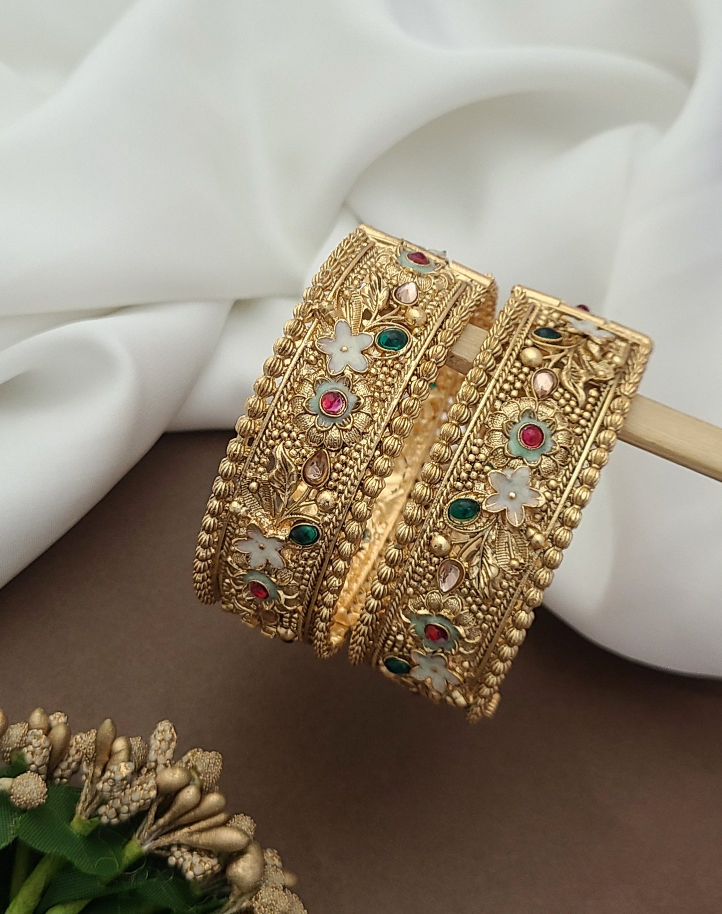 Gold-Plated Floral Bangles with Enamel & Stone Work