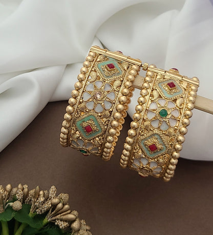 Gold-Plated Floral Bangles with Enamel & Stonework