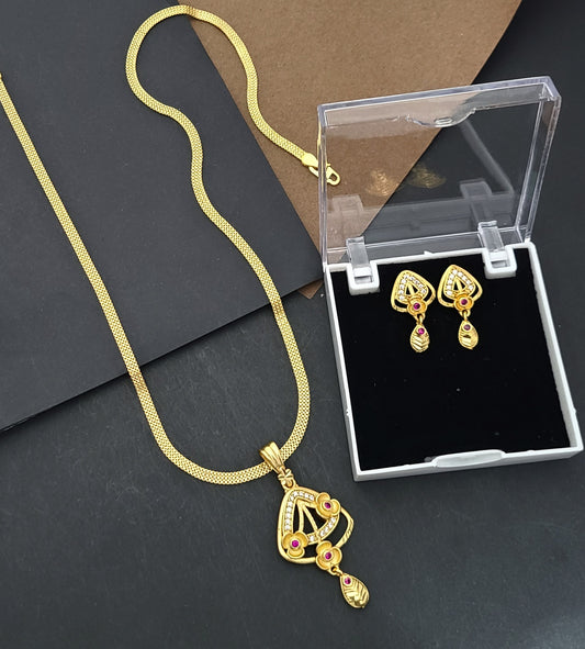 Gold-Plated Triangle Pendant Set with Ruby & AD Accents