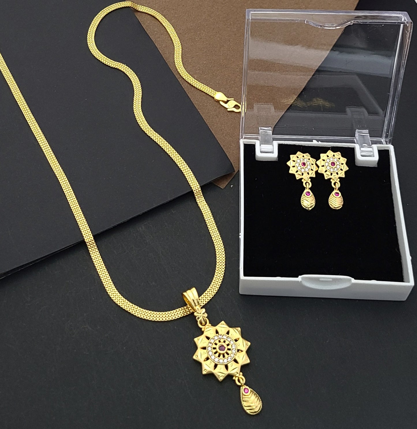 Sunburst Gold-Plated Pendant Set with AD Stones