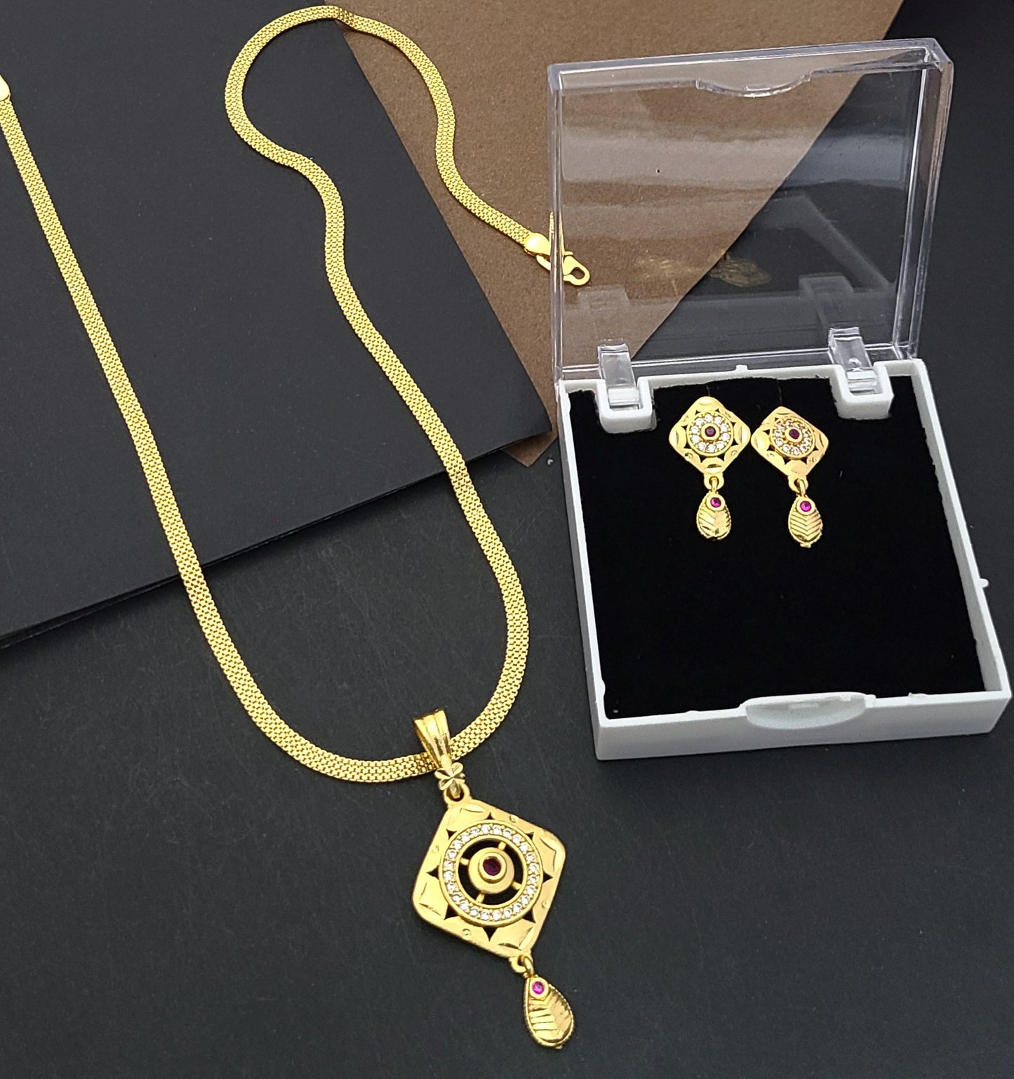 Gold-Plated Pendant Set with AD & Ruby Accents