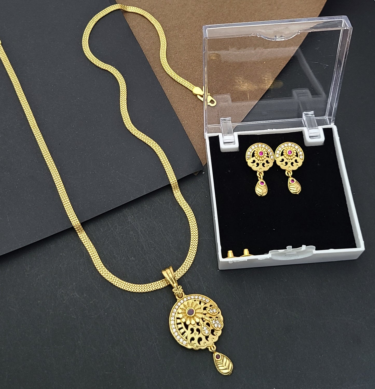 Elegant Gold-Plated Circular Pendant Set with AD Stones