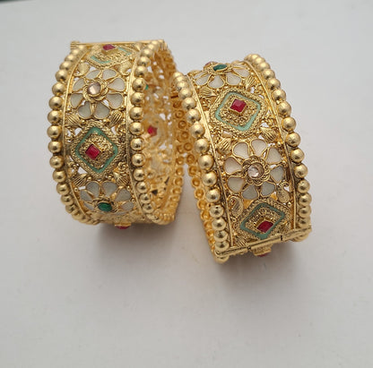 Gold-Plated Floral Bangles with Enamel & Stonework