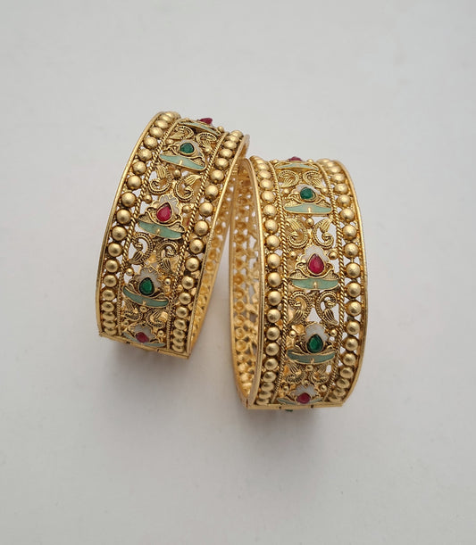 Gold-Plated Floral Filigree Bangles with Enamel Work