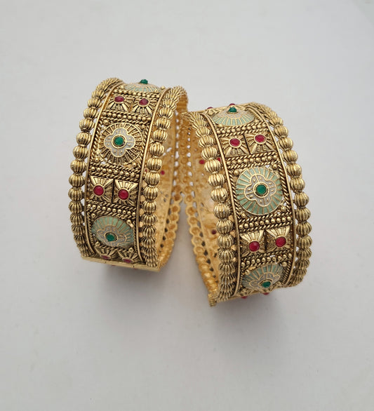 Gold-Plated Temple Bangles with Enamel & Stone Work