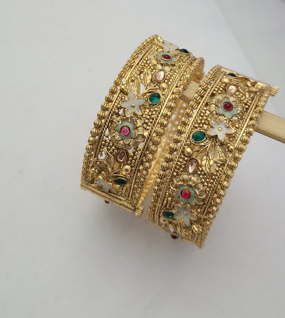 Gold-Plated Floral Bangles with Enamel & Stone Work