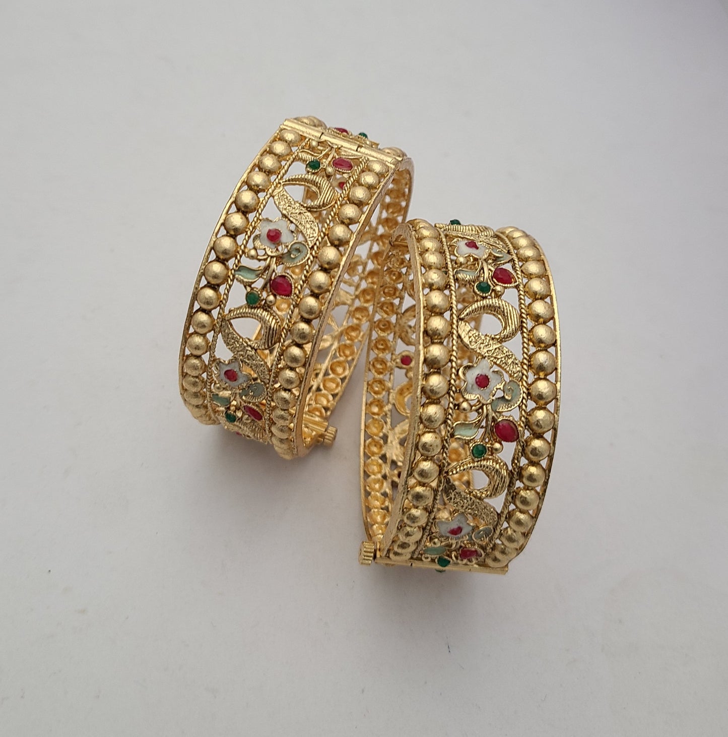 Traditional Gold Bangles with Floral Enamel & Stone Accents