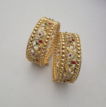 Traditional Gold Bangles with Floral Enamel & Stone Accents