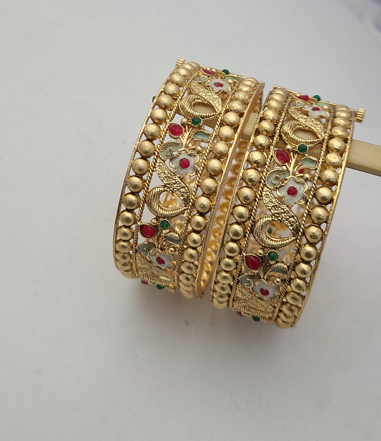 Traditional Gold Bangles with Floral Enamel & Stone Accents