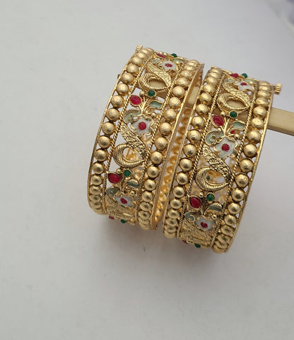 Traditional Gold Bangles with Floral Enamel & Stone Accents