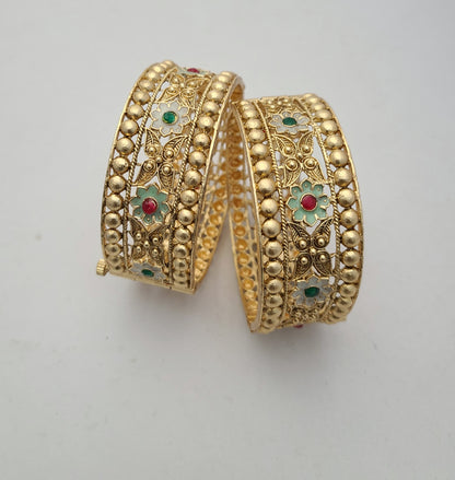 Elegant Gold Bangles with Floral Enamel & Stone Work