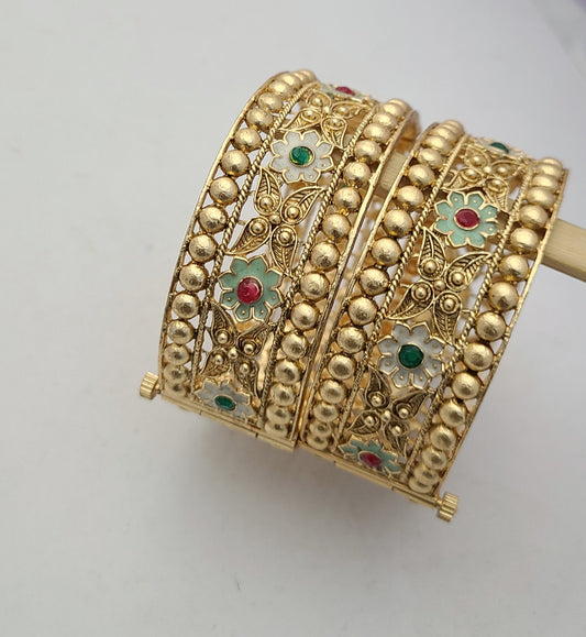 Elegant Gold Bangles with Floral Enamel & Stone Work