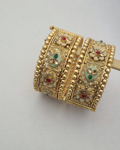 Royal Gold Bangles with Floral & Pearl-Inspired Detailing