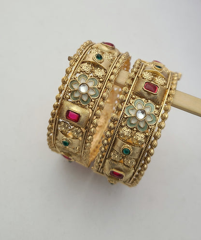 Traditional Gold Bangles with Floral & Stone Embellishments