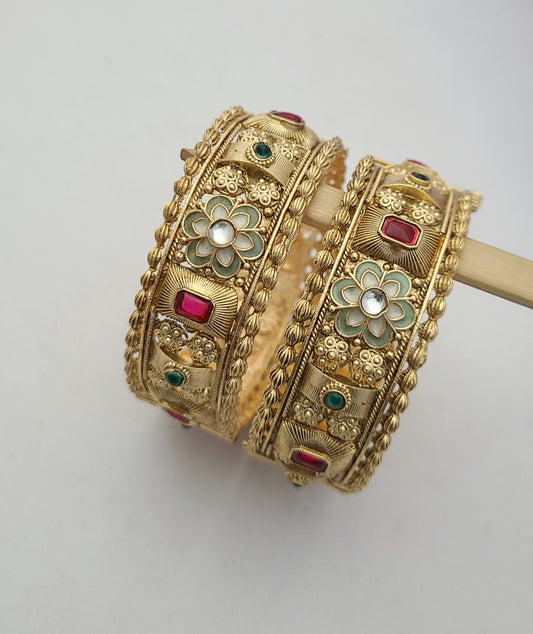 Traditional Gold Bangles with Floral & Stone Embellishments