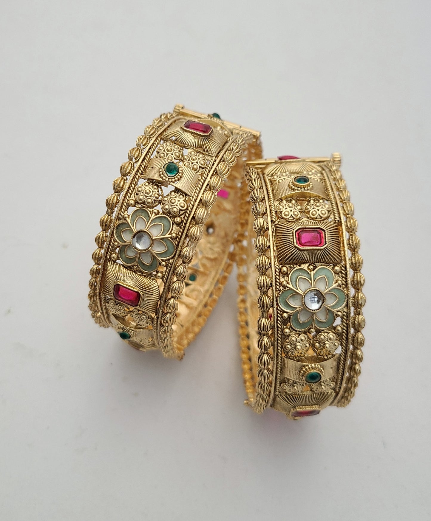 Traditional Gold Bangles with Floral & Stone Embellishments