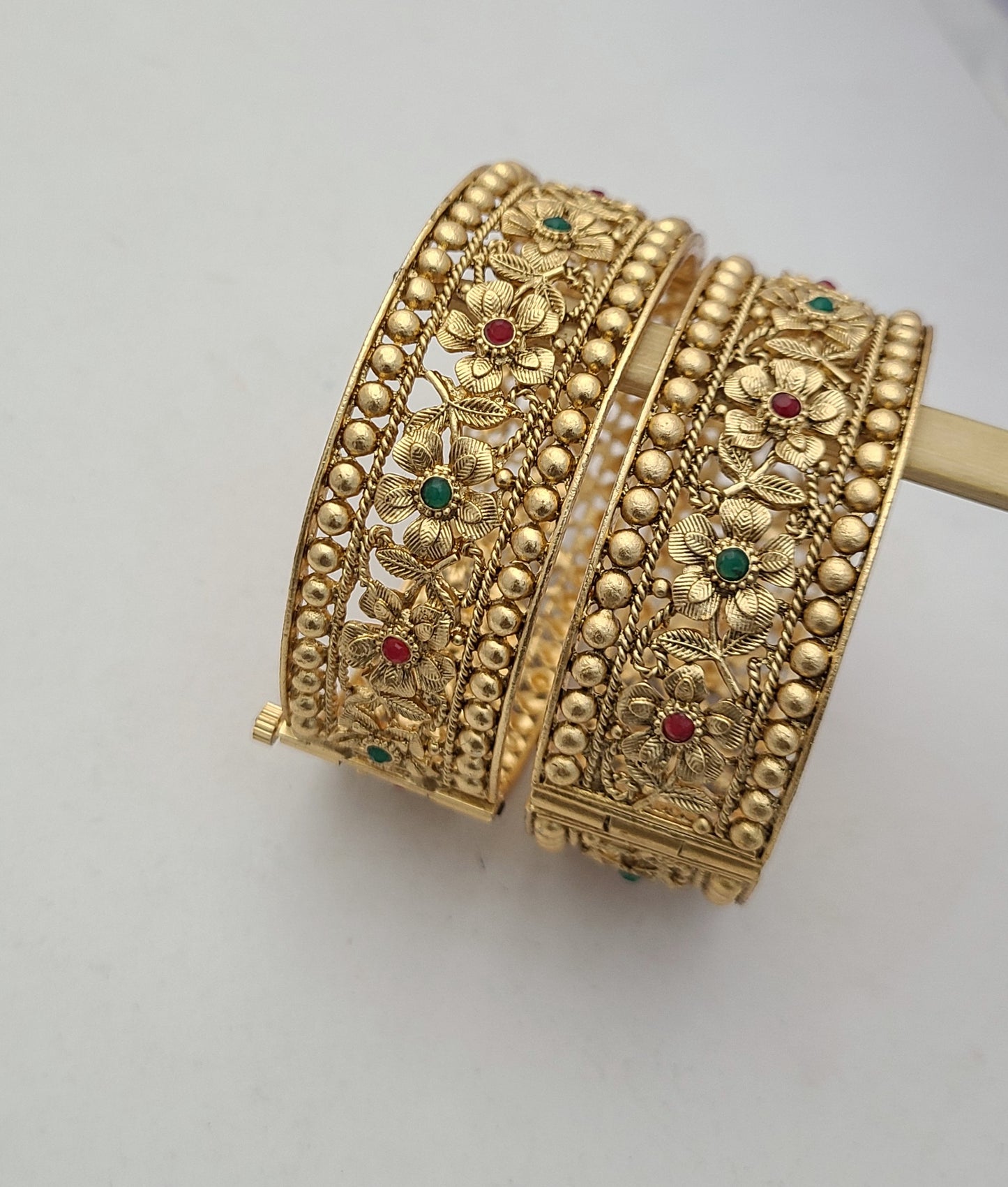 Floral Antique Gold Bangles with Pearl Beading