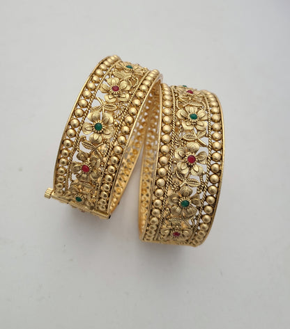 Floral Antique Gold Bangles with Pearl Beading