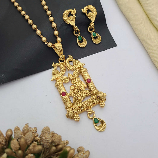 Traditional gold-plated Pandent necklace set with red and green stone detailing, paired with matching earrings – perfect imitation jewellery for women | RC Imitation Jewellery