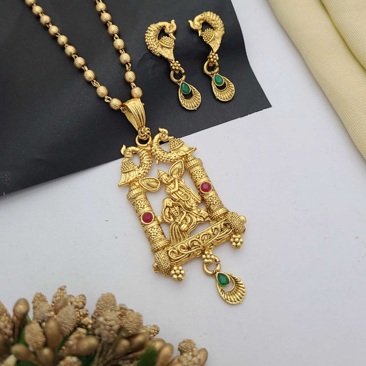 Traditional gold-plated Pandent necklace set with red and green stone detailing, paired with matching earrings – perfect imitation jewellery for women | RC Imitation Jewellery