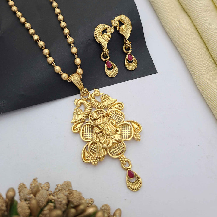 Traditional gold-plated Pandent necklace set with red and green stone detailing, paired with matching earrings – perfect imitation jewellery for women | RC Imitation Jewellery