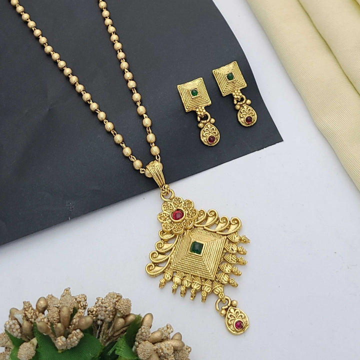 Traditional gold-plated Pandent necklace set with red and green stone detailing, paired with matching earrings – perfect imitation jewellery for women | RC Imitation Jewellery