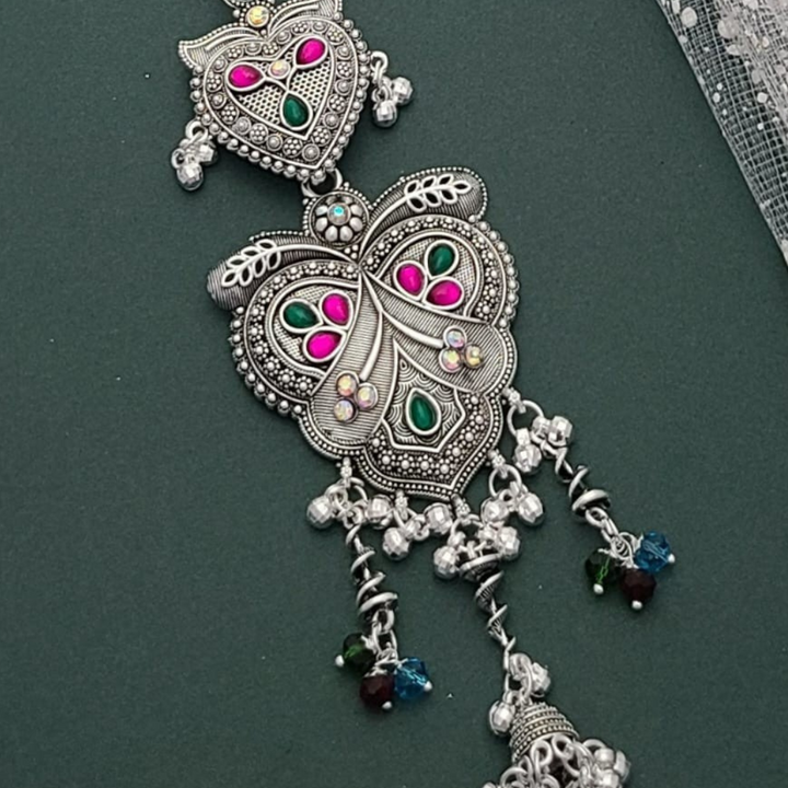Traditional silver-colored Juda waist accessory with intricate floral and chain design, perfect for bridal and festive outfits zoom